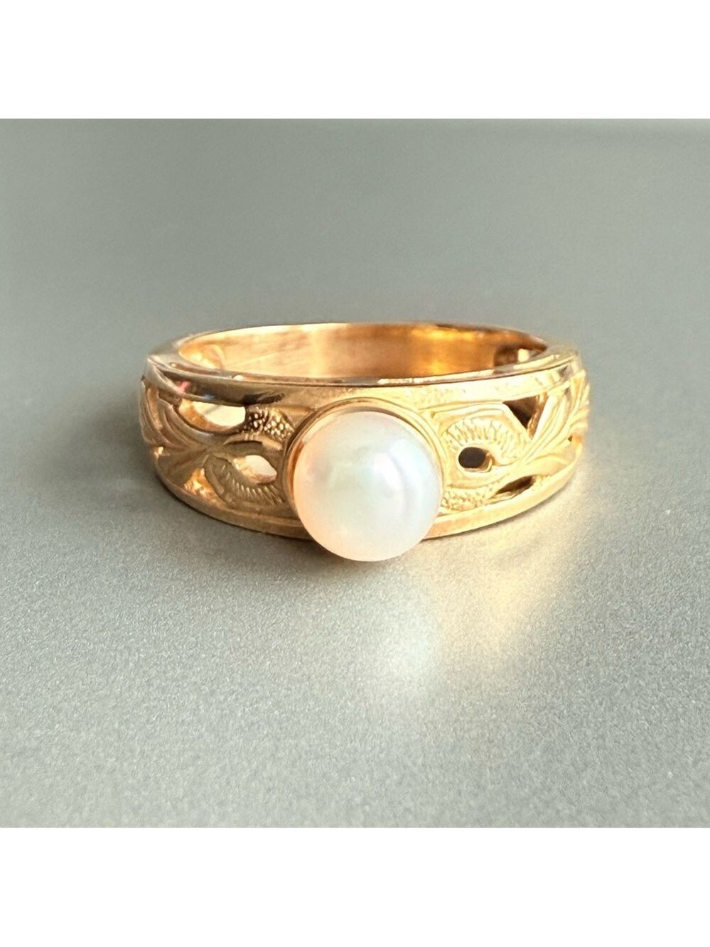 Vintage 14k Yellow Gold White Pearl Open Work Scroll Ring With Appraisal